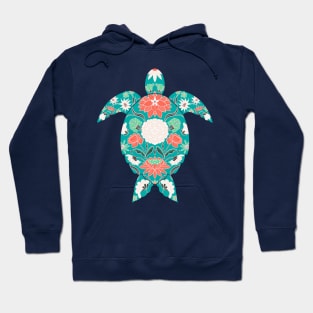 Floral sea turtle - turquoise and coral pink palette Hoodie